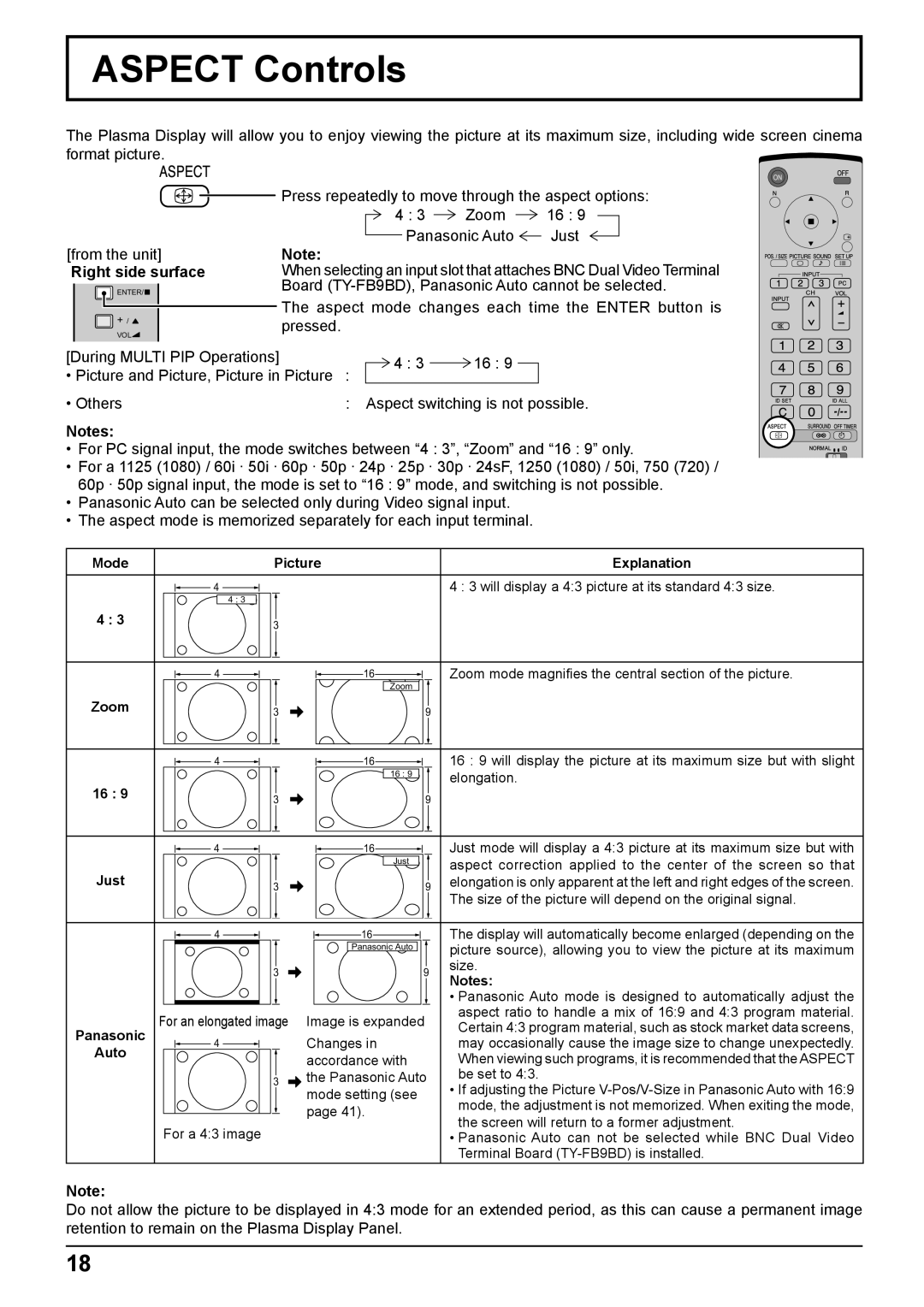 Panasonic TH-103PF10EK manual Aspect Controls 