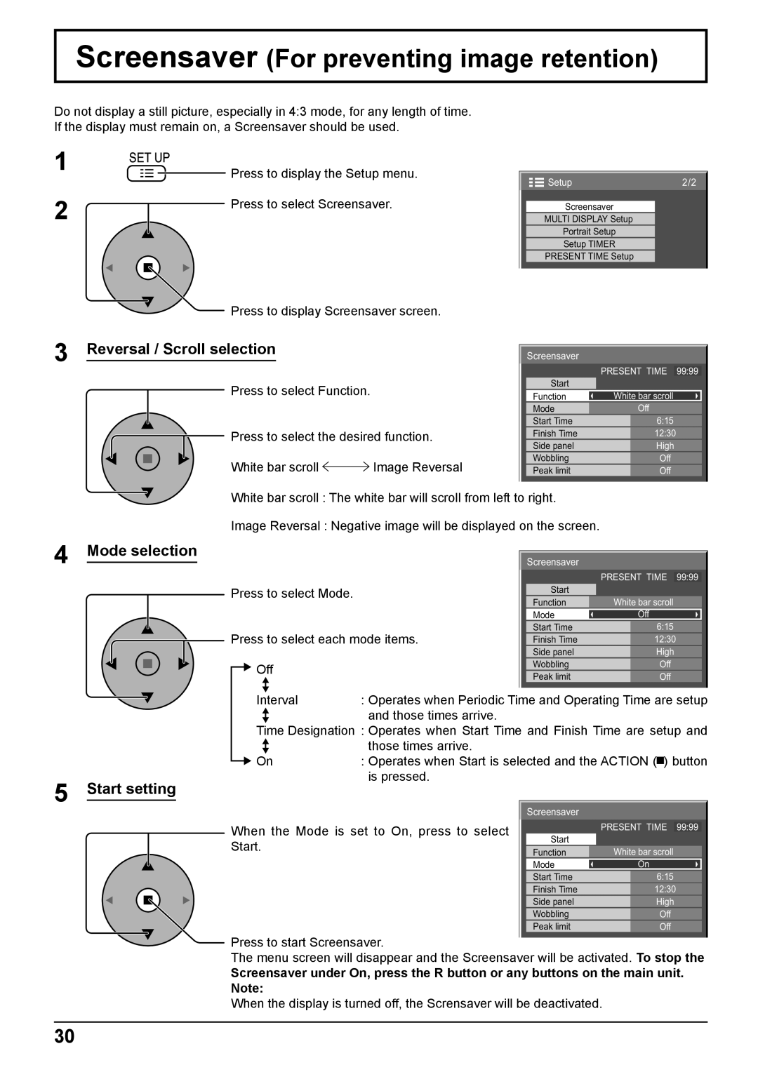 Panasonic TH-103PF10EK manual Screensaver For preventing image retention, Reversal / Scroll selection, Mode selection 