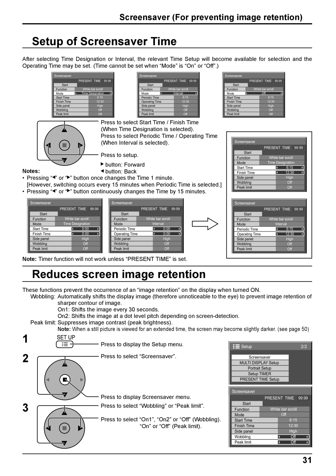 Panasonic TH-103PF10EK manual Setup of Screensaver Time, Reduces screen image retention 