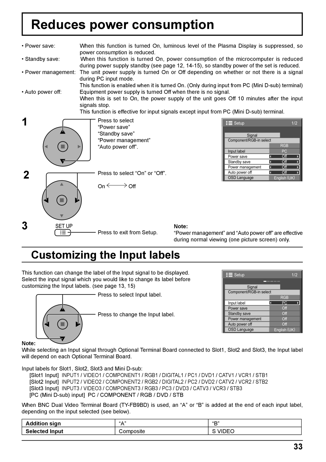 Panasonic TH-103PF10EK manual Reduces power consumption, Customizing the Input labels, Addition sign Selected Input 