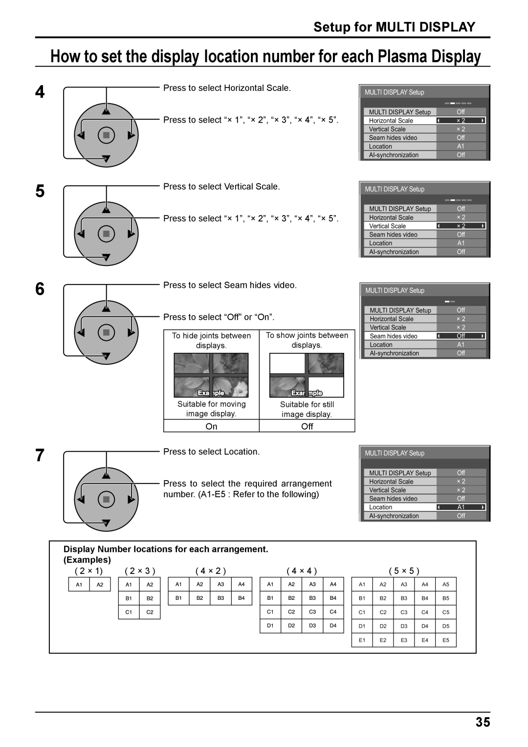 Panasonic TH-103PF10EK manual Setup for Multi Display, Display Number locations for each arrangement Examples 