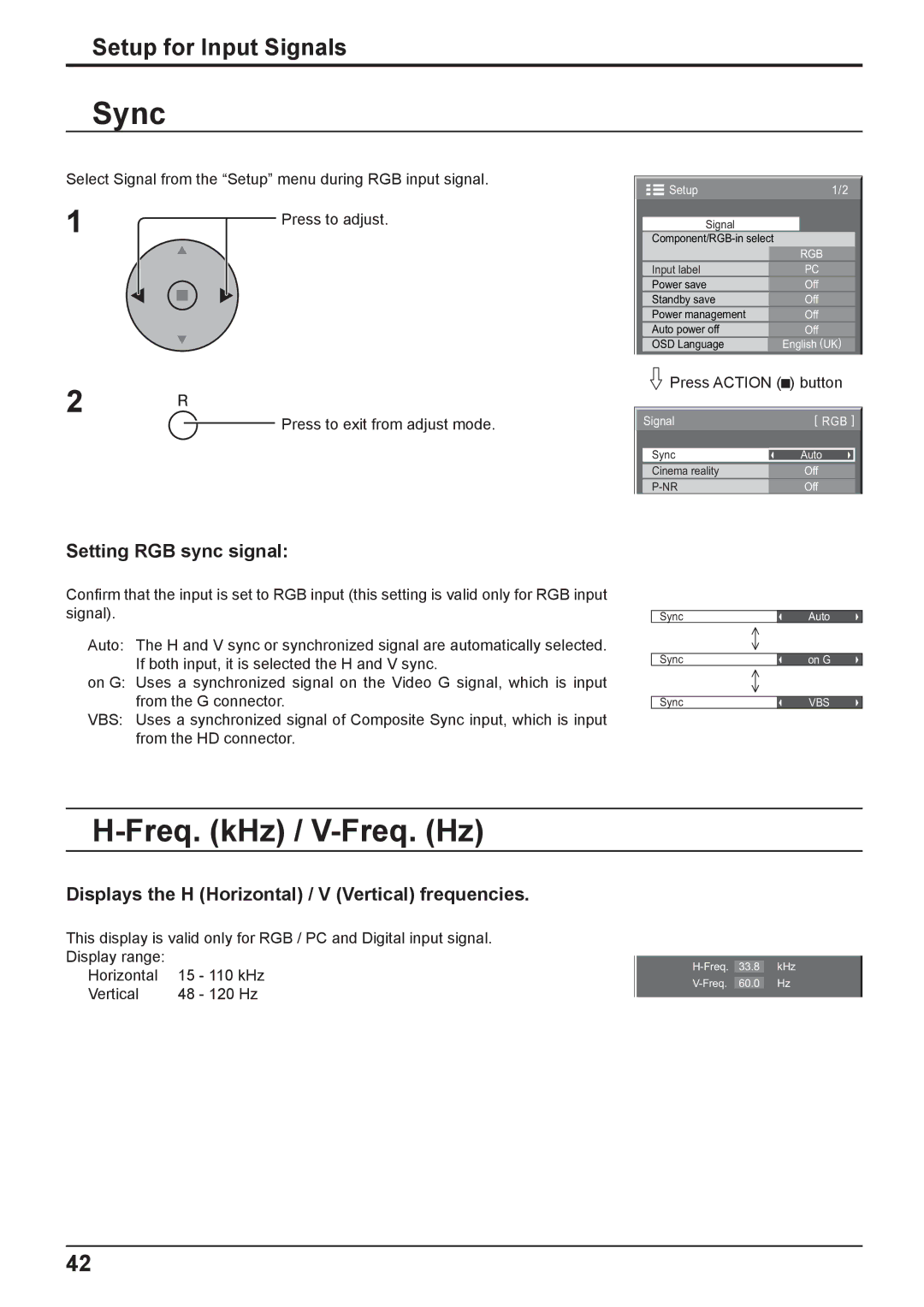 Panasonic TH-103PF10EK manual Sync, Freq. kHz / V-Freq. Hz, Setting RGB sync signal 