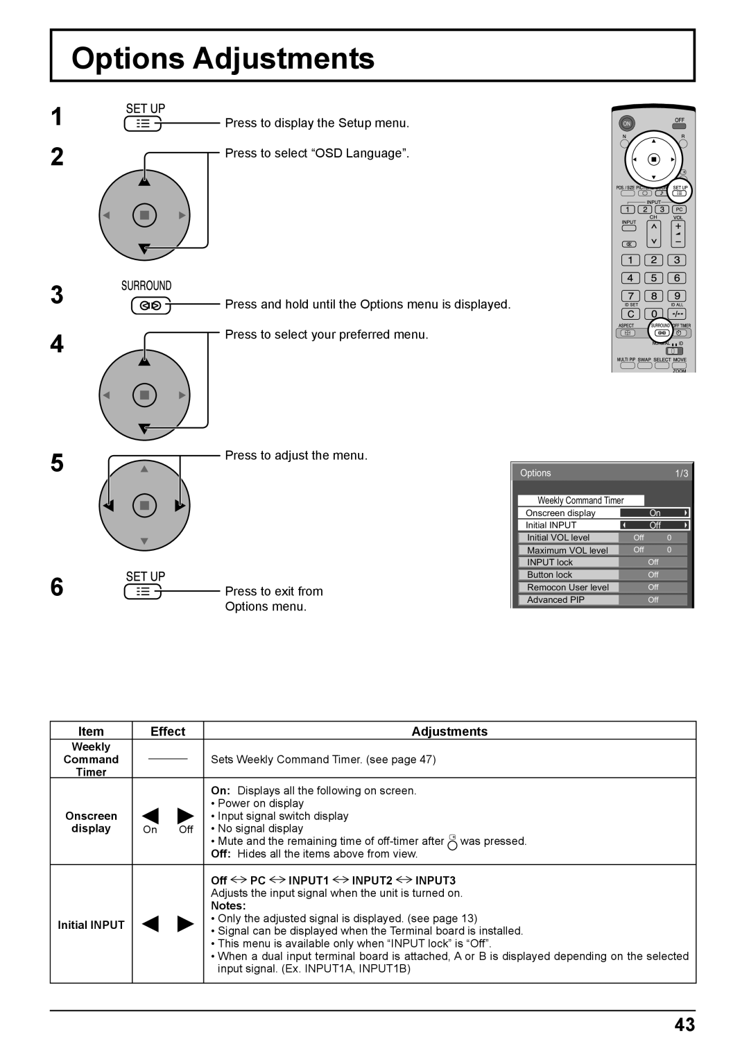 Panasonic TH-103PF10EK manual Options Adjustments, Effect Adjustments 