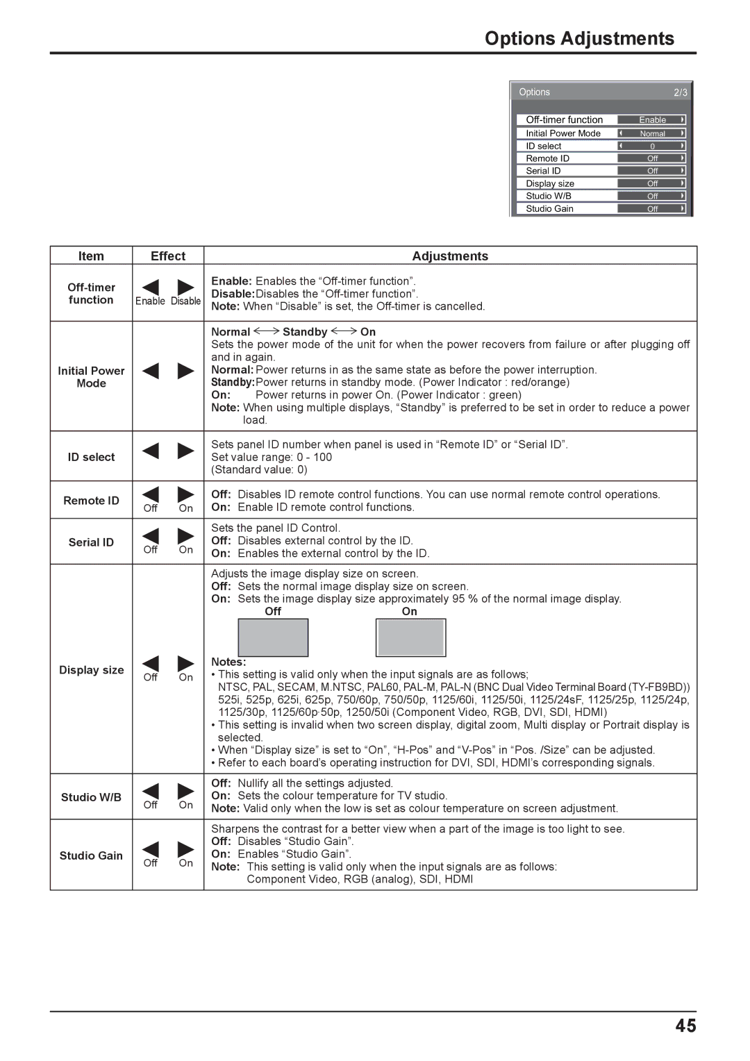 Panasonic TH-103PF10EK manual Off-timer, Function, Normal Standby, Initial Power, Mode, ID select, Remote ID, Serial ID 