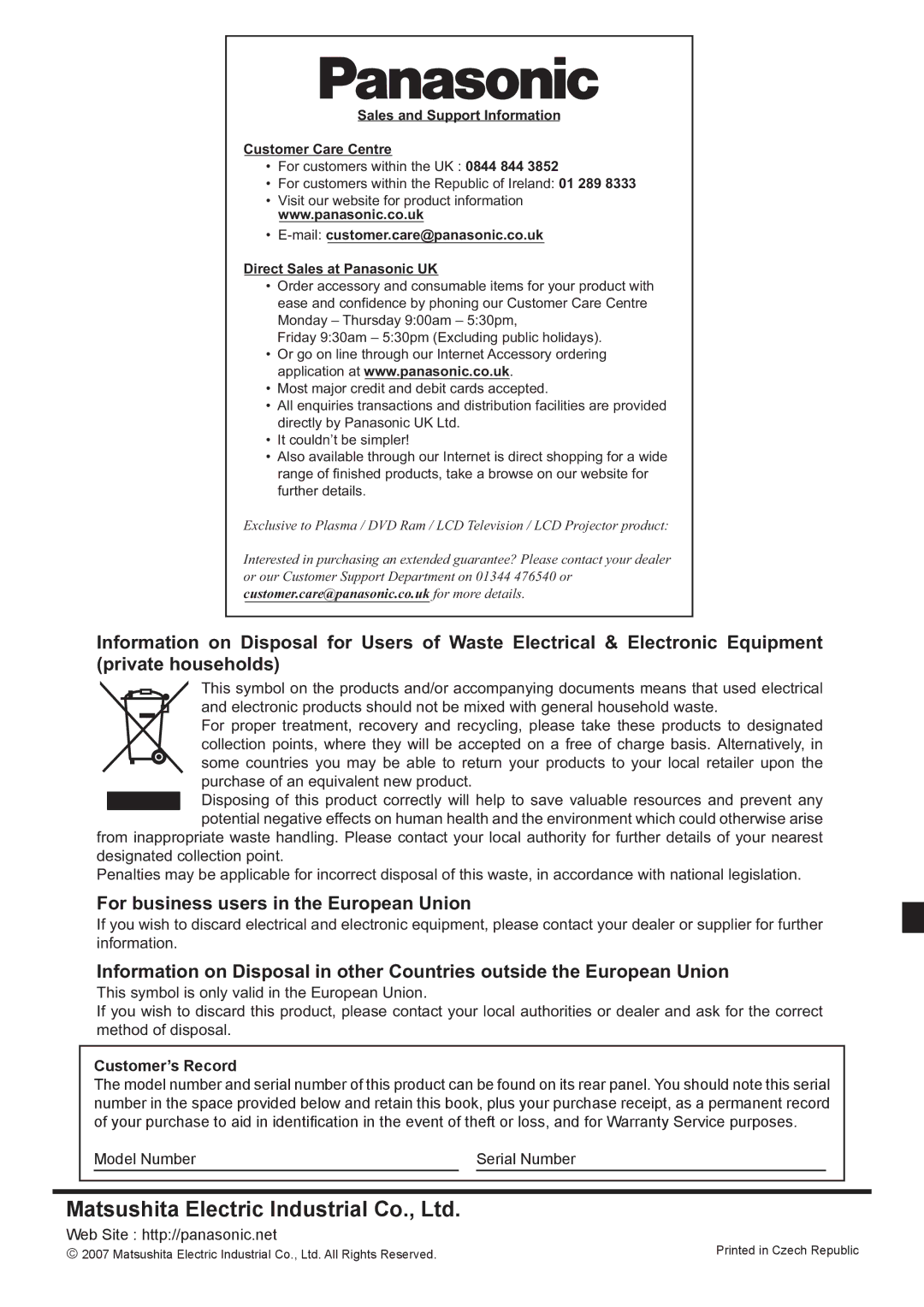 Panasonic TH-103PF10EK manual For business users in the European Union, Customer’s Record 