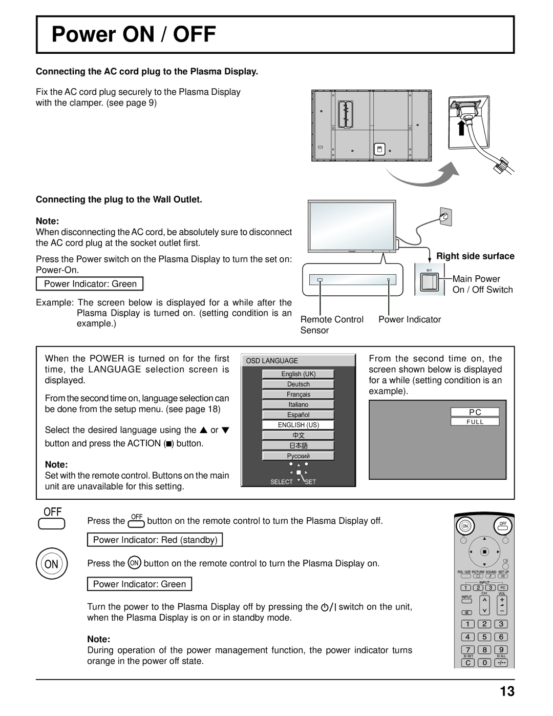 Panasonic TH-103PF10UK manual Power on / OFF, Connecting the AC cord plug to the Plasma Display, Right side surface 