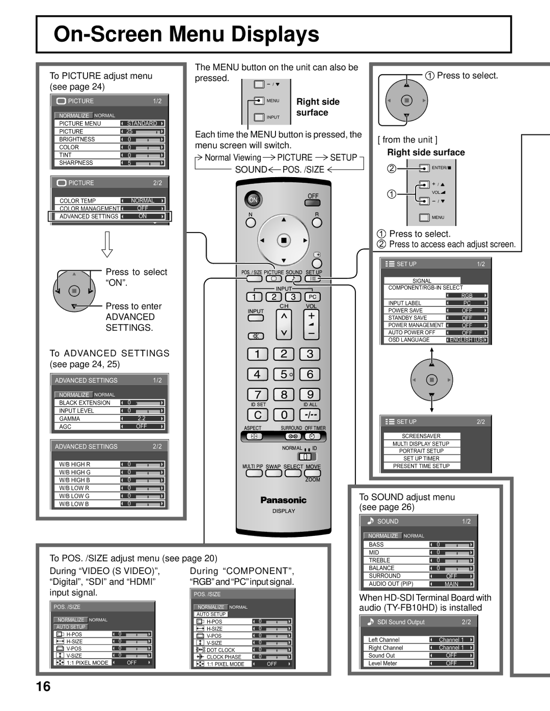 Panasonic TH-103PF10UK manual On-Screen Menu Displays, Picture Setup, Advanced, Settings 