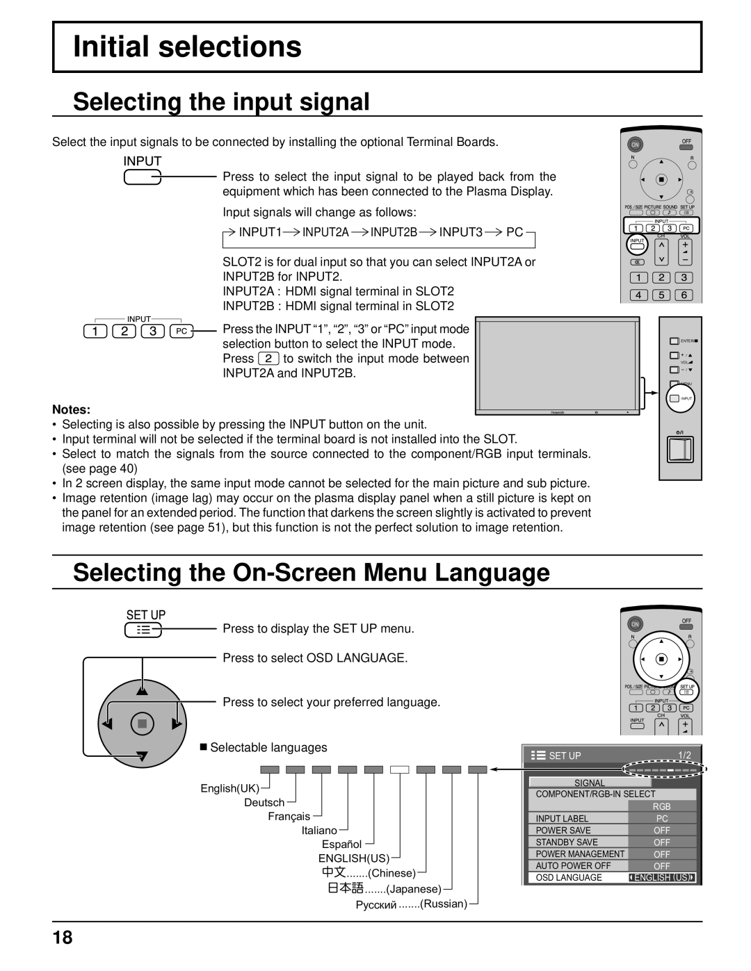 Panasonic TH-103PF10UK manual Initial selections, Selecting the input signal, Selecting the On-Screen Menu Language 