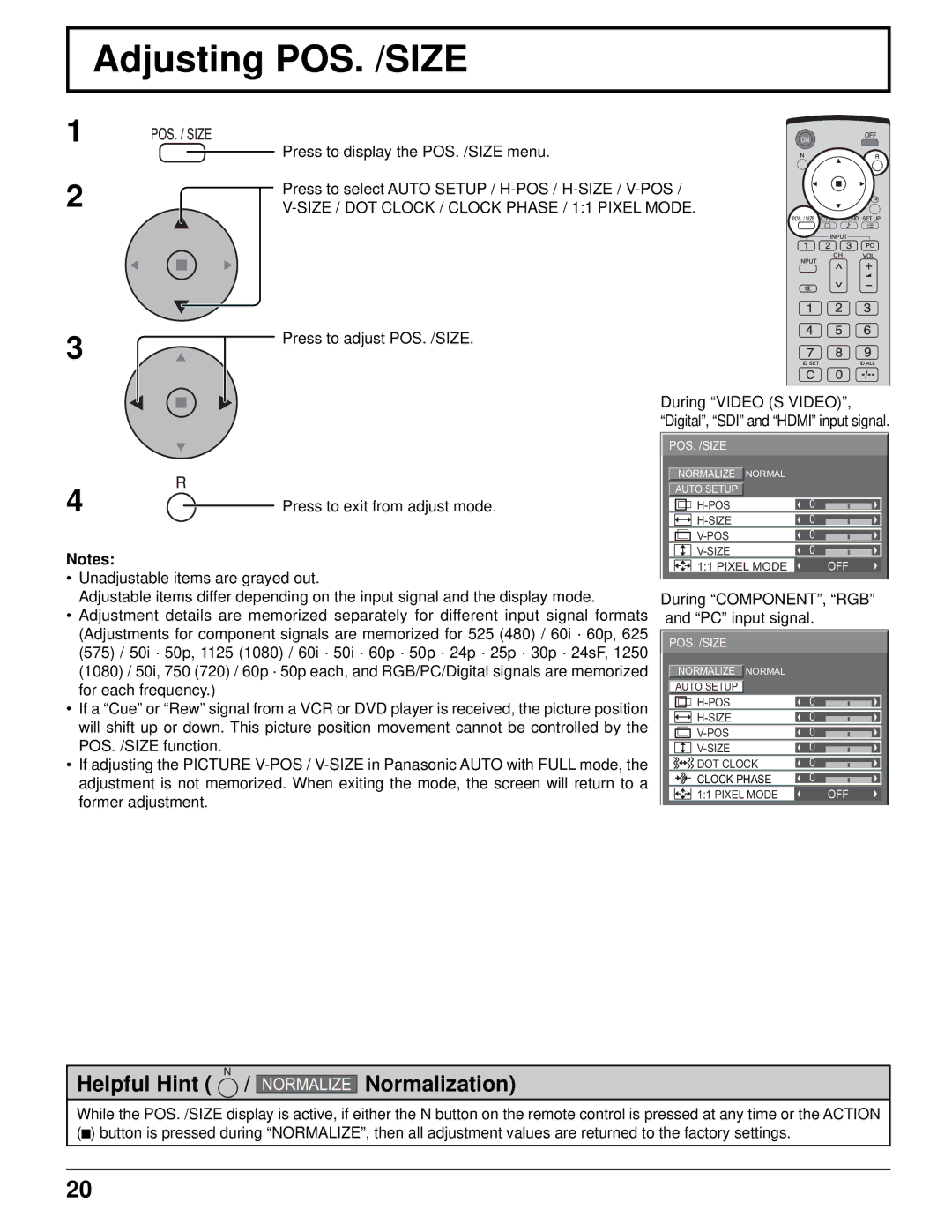 Panasonic TH-103PF10UK Adjusting POS. /SIZE, Size / DOT Clock / Clock Phase / 11 Pixel Mode, Press to adjust POS. /SIZE 