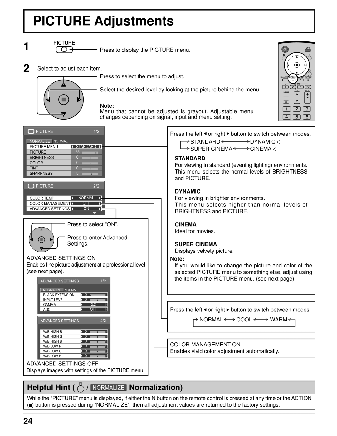 Panasonic TH-103PF10UK manual Picture Adjustments, Standard, Dynamic, Super Cinema 