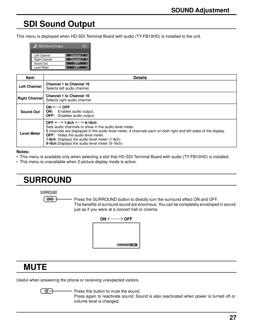 Panasonic TH-103PF10UK manual SDI Sound Output, Surround, Mute, Sound Adjustment, On OFF 