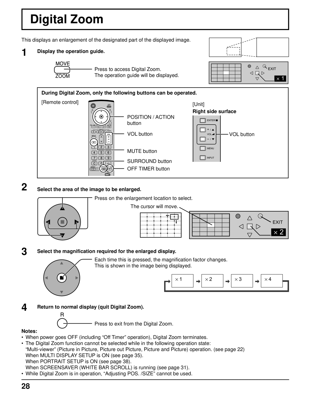 Panasonic TH-103PF10UK manual Digital Zoom, Display the operation guide, Select the area of the image to be enlarged 