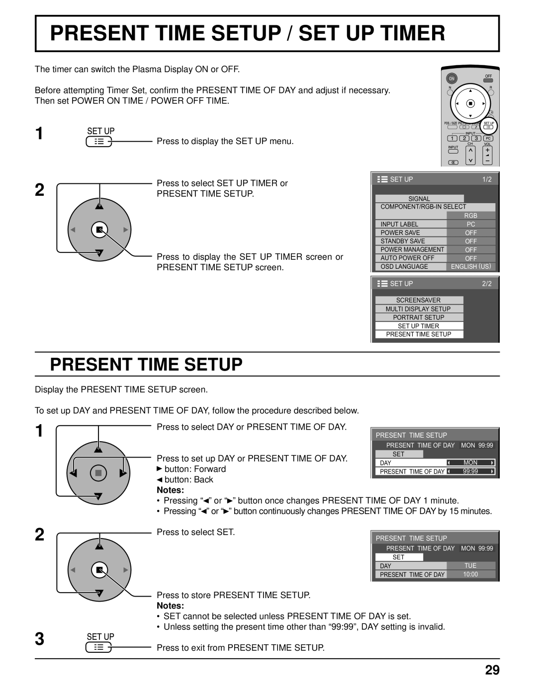 Panasonic TH-103PF10UK manual Present Time Setup, Press to set up DAY or Present Time of DAY, Button Forward 