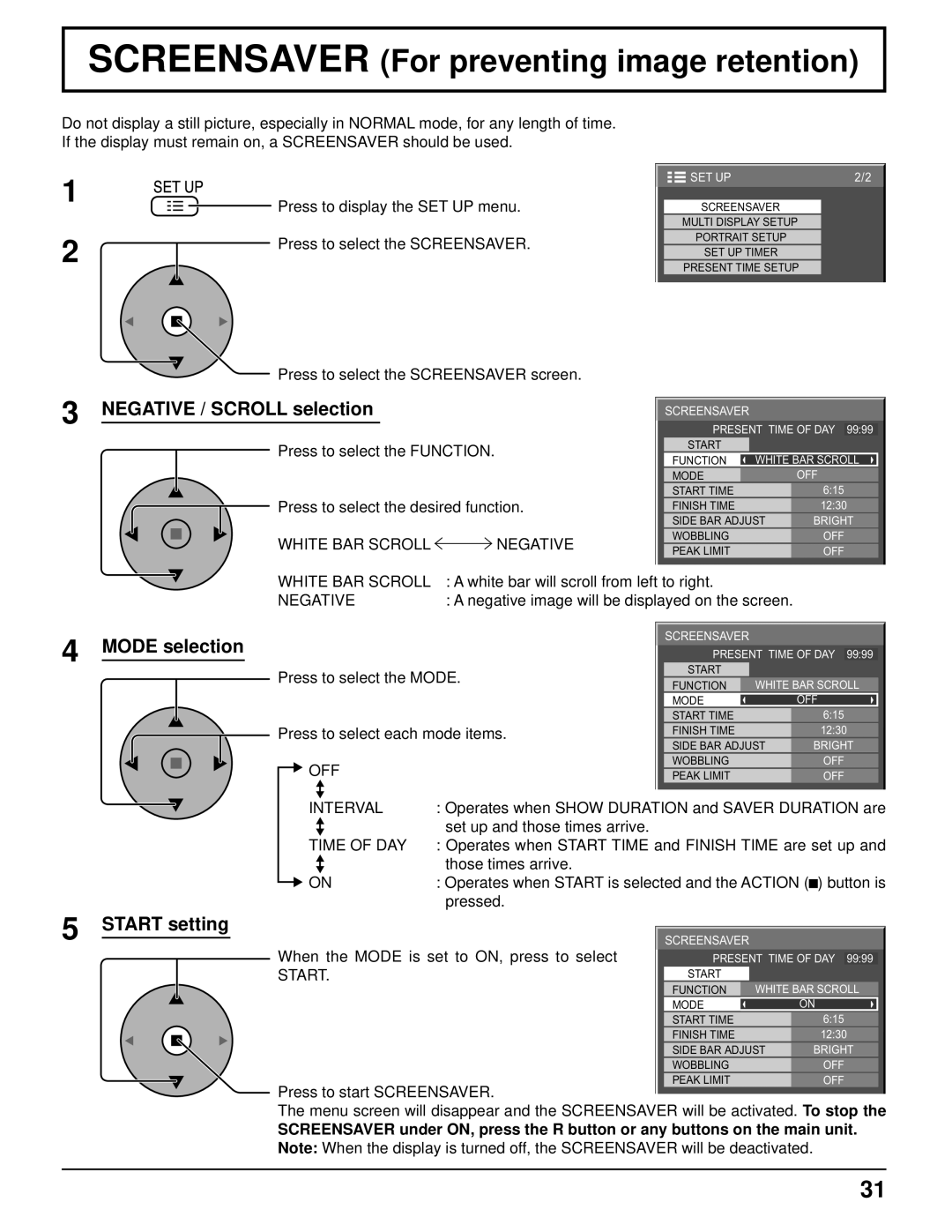 Panasonic TH-103PF10UK manual Screensaver For preventing image retention, Negative / Scroll selection, Mode selection 