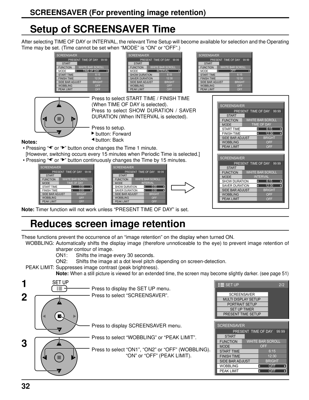 Panasonic TH-103PF10UK manual Setup of Screensaver Time, Reduces screen image retention 