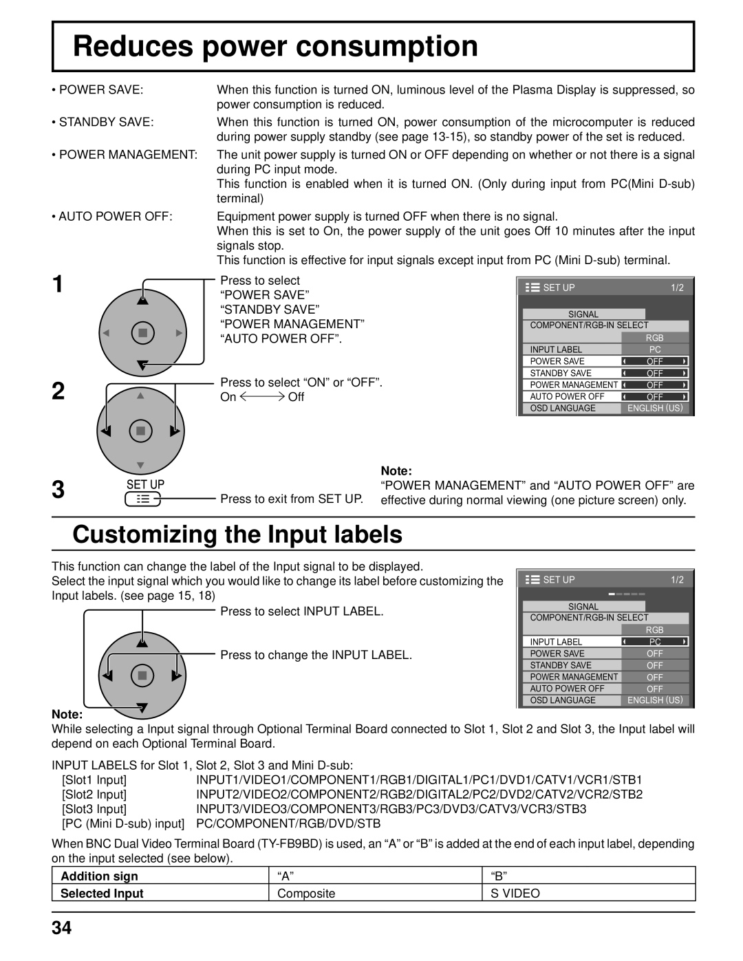 Panasonic TH-103PF10UK manual Reduces power consumption, Customizing the Input labels, Addition sign Selected Input 