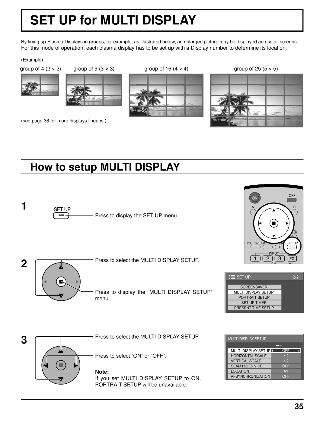 Panasonic TH-103PF10UK manual SET UP for Multi Display, How to setup Multi Display, Press to select on or OFF 