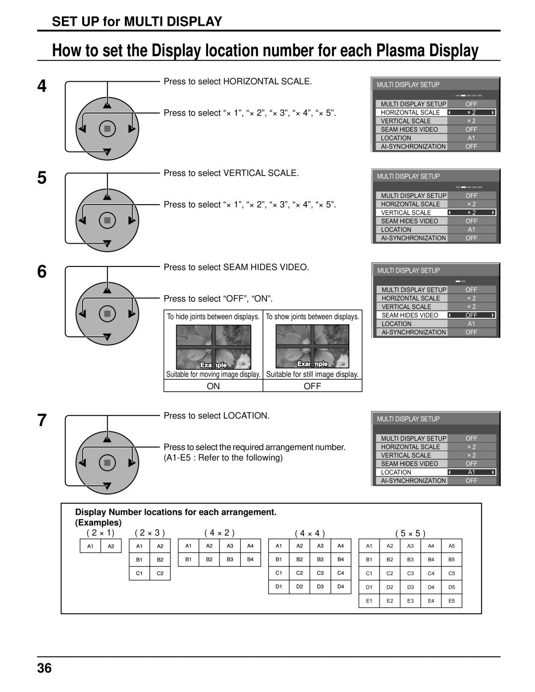 Panasonic TH-103PF10UK manual SET UP for Multi Display, Press to select Seam Hides Video Press to select OFF, on 