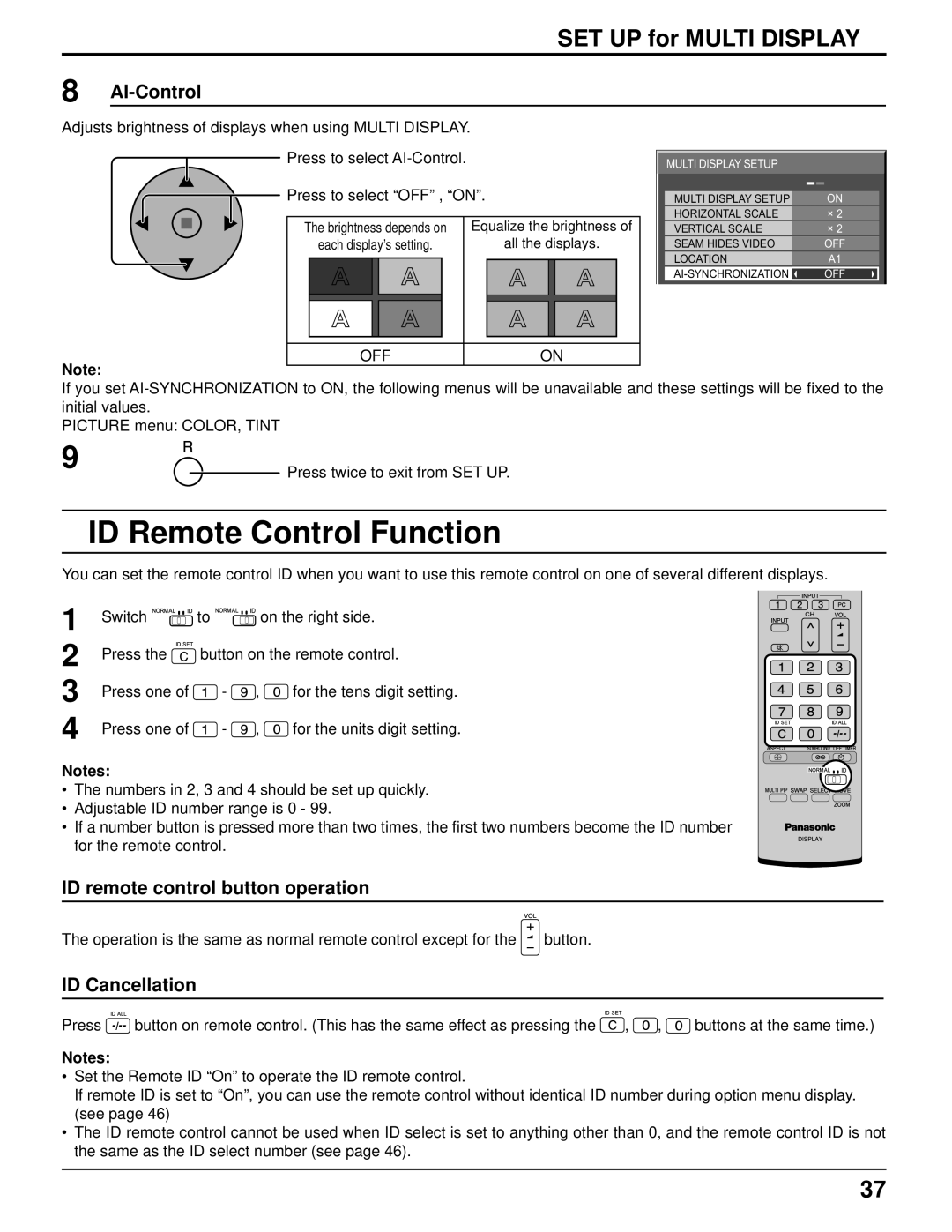 Panasonic TH-103PF10UK manual ID Remote Control Function, AI-Control, ID remote control button operation, ID Cancellation 