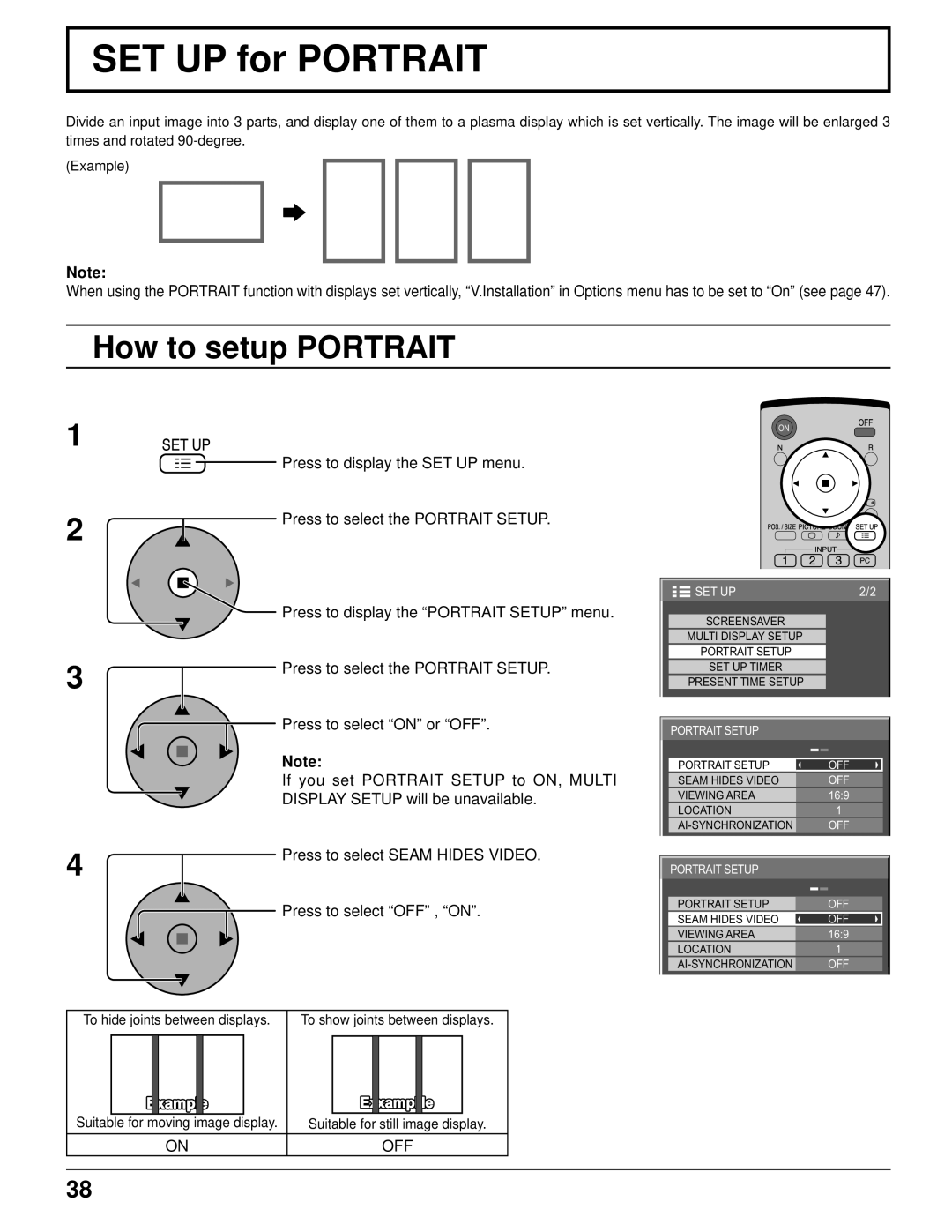 Panasonic TH-103PF10UK manual SET UP for Portrait, How to setup Portrait, Press to select Seam Hides Video 