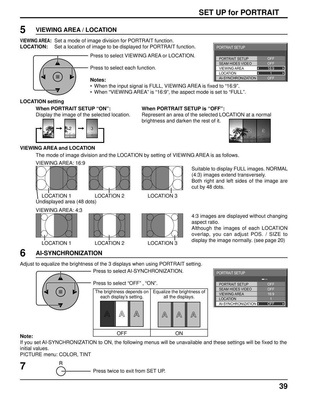 Panasonic TH-103PF10UK manual Set a mode of image division for Portrait function, Viewing Area Location 