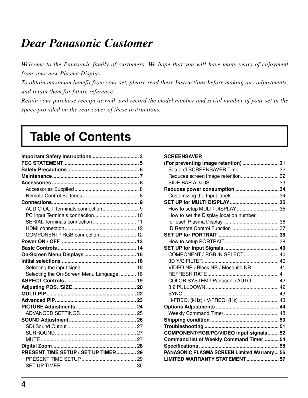 Panasonic TH-103PF10UK manual Table of Contents 