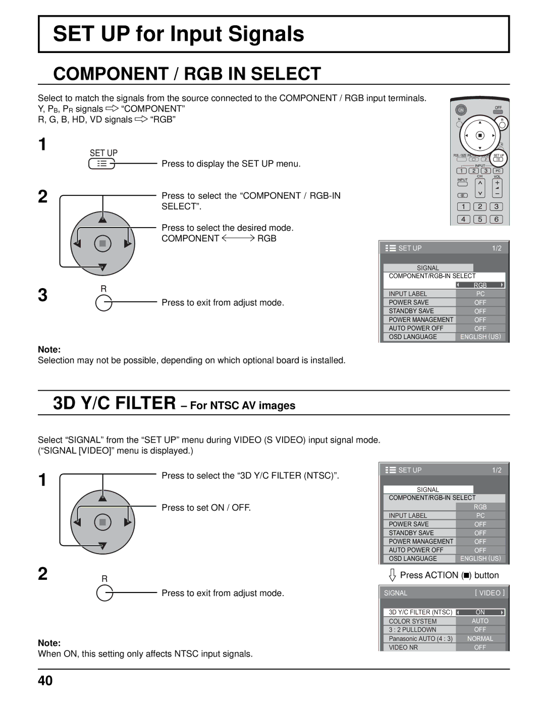 Panasonic TH-103PF10UK manual SET UP for Input Signals, Component / RGB in Select, 3D Y/C Filter For Ntsc AV images 