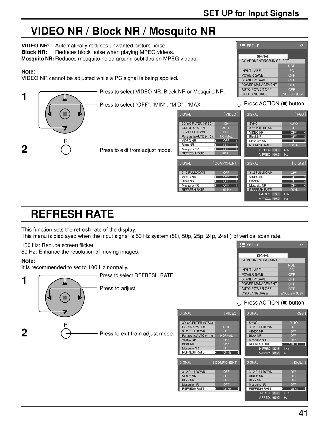 Panasonic TH-103PF10UK manual Video NR / Block NR / Mosquito NR, Refresh Rate, SET UP for Input Signals 