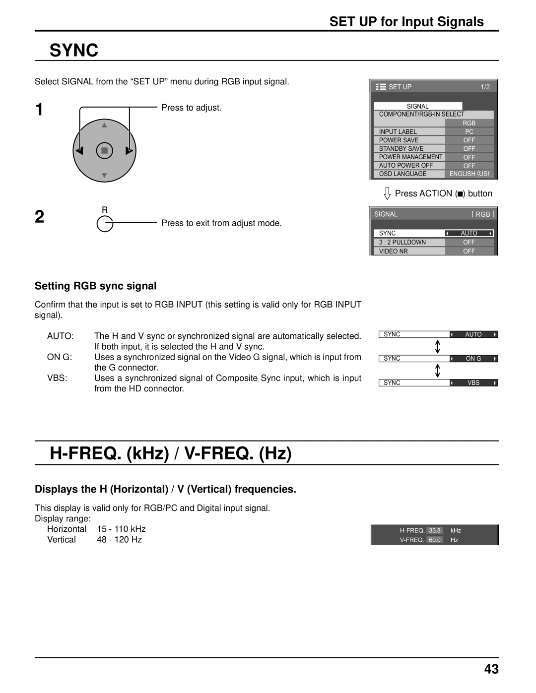 Panasonic TH-103PF10UK manual Sync, FREQ. kHz / V-FREQ. Hz, Setting RGB sync signal 