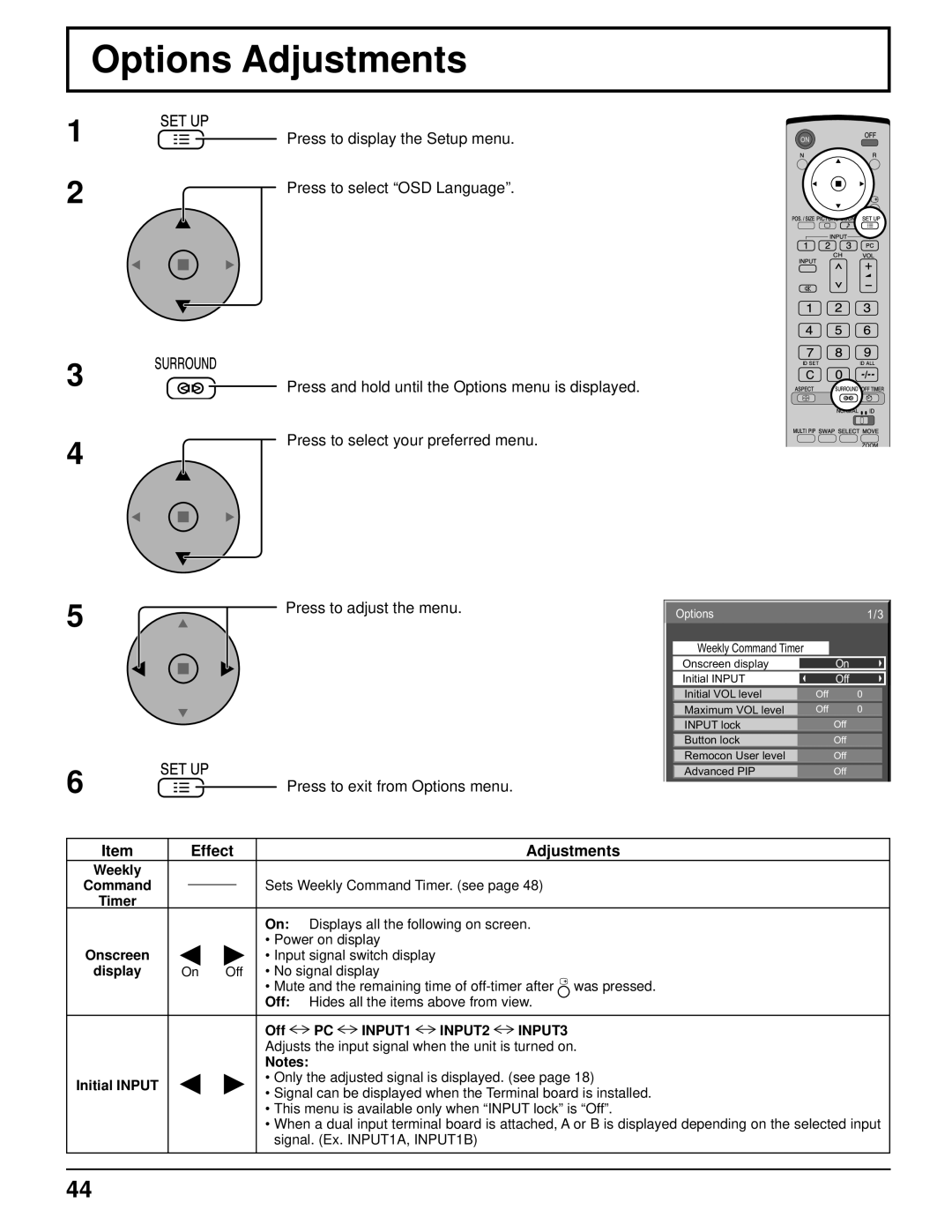 Panasonic TH-103PF10UK manual Options Adjustments 