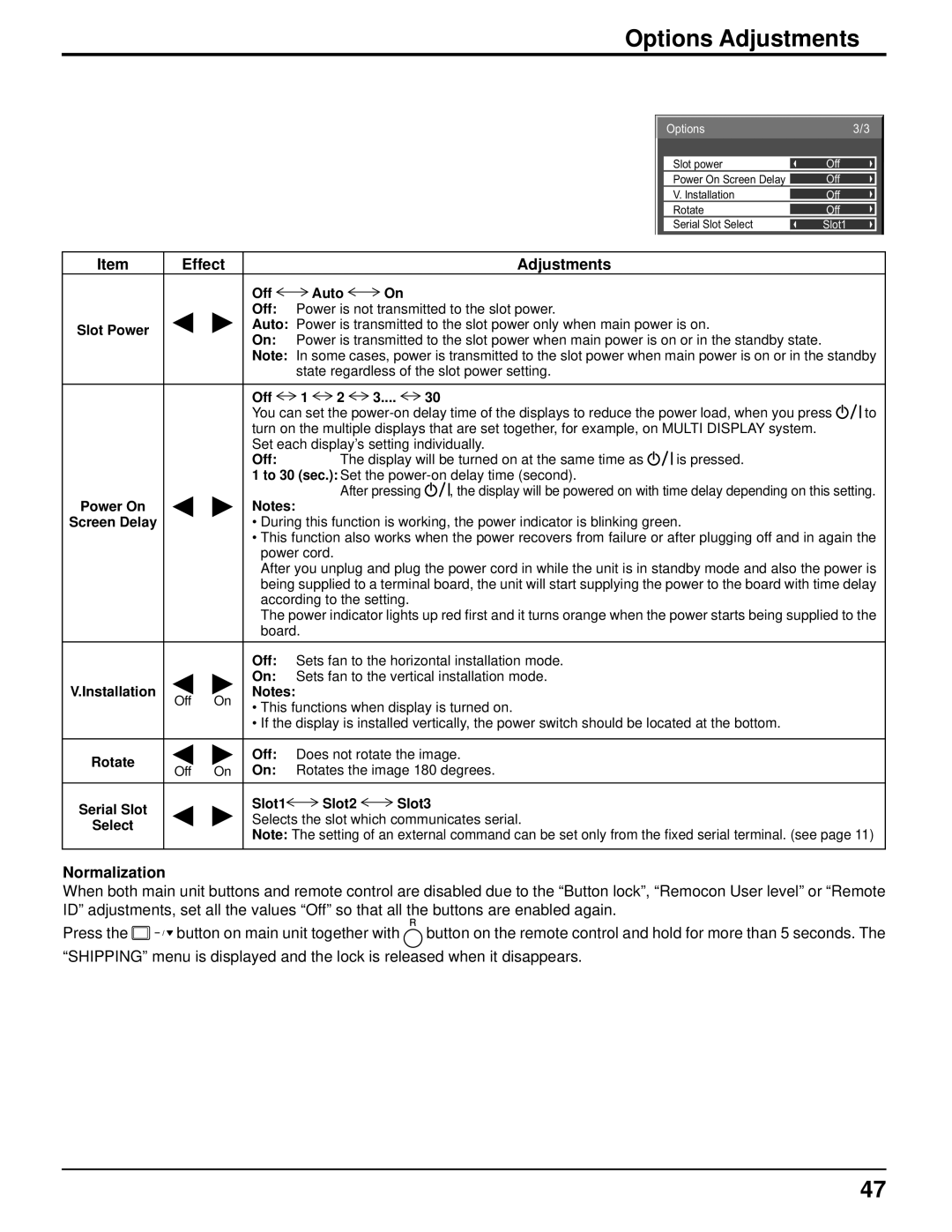 Panasonic TH-103PF10UK manual Normalization, This functions when display is turned on, Rotate Off Does not rotate the image 