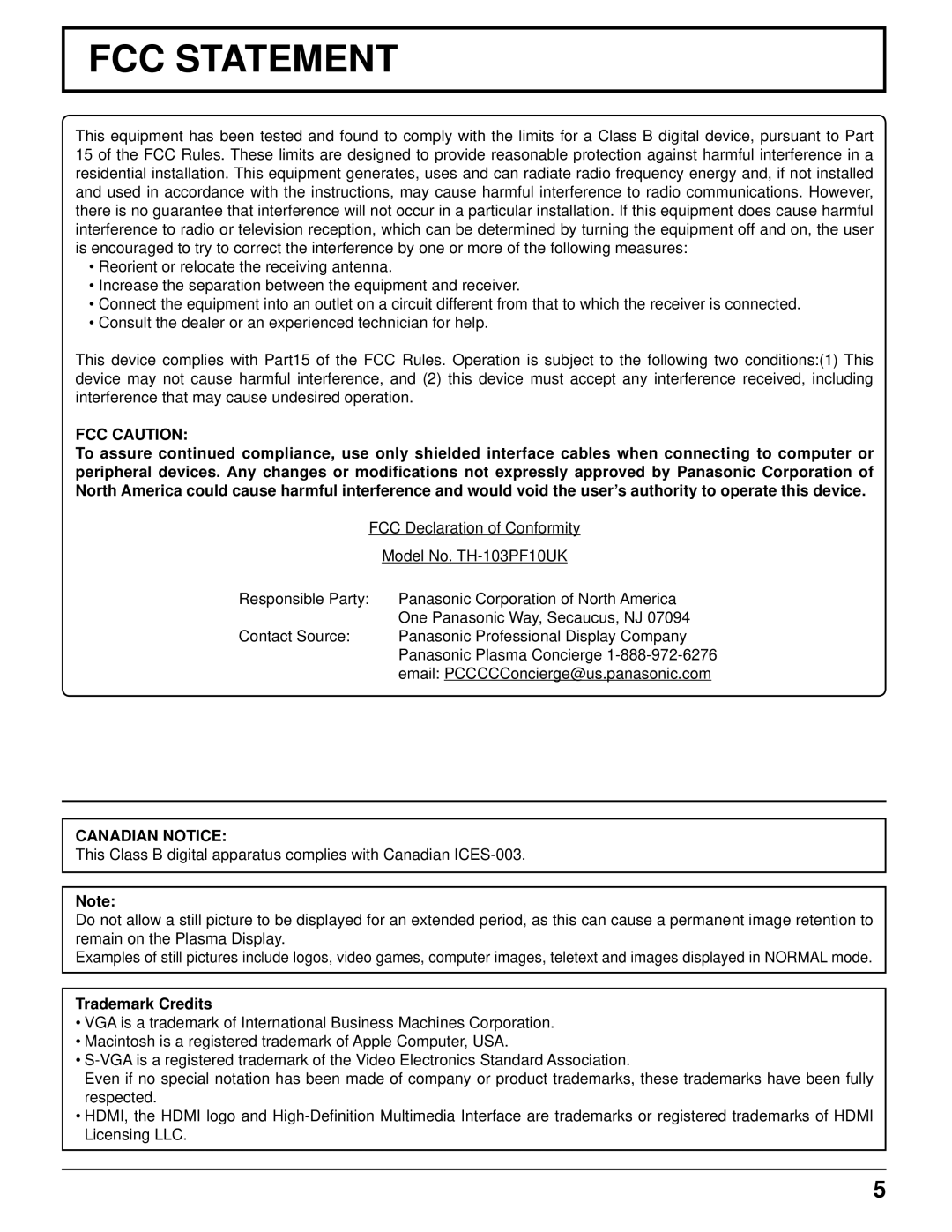 Panasonic TH-103PF10UK manual FCC Caution, Canadian Notice, Trademark Credits 