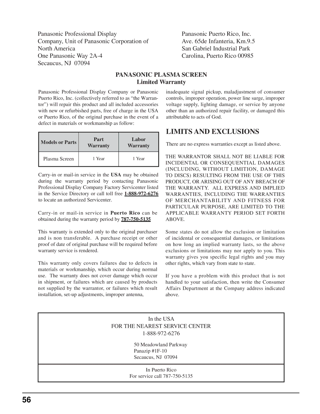 Panasonic TH-103PF10UK manual Limits and Exclusions 