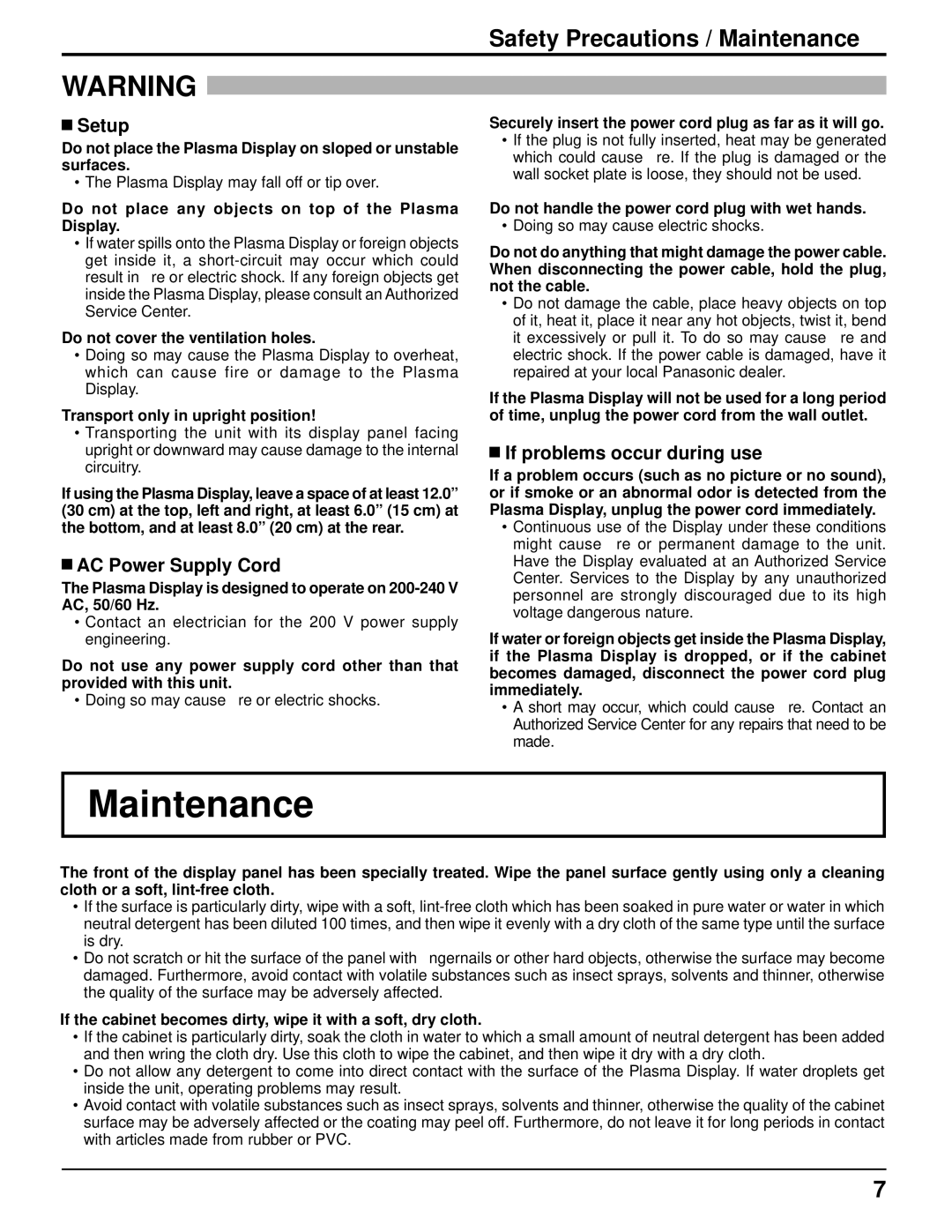 Panasonic TH-103PF10UK Safety Precautions / Maintenance, Setup, AC Power Supply Cord, If problems occur during use 