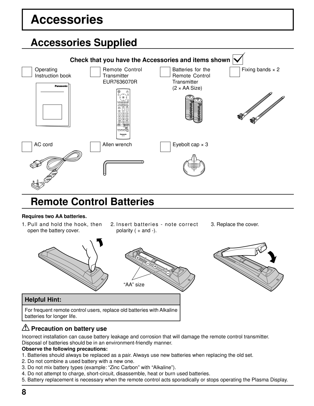 Panasonic TH-103PF10UK manual Accessories Supplied, Remote Control Batteries 