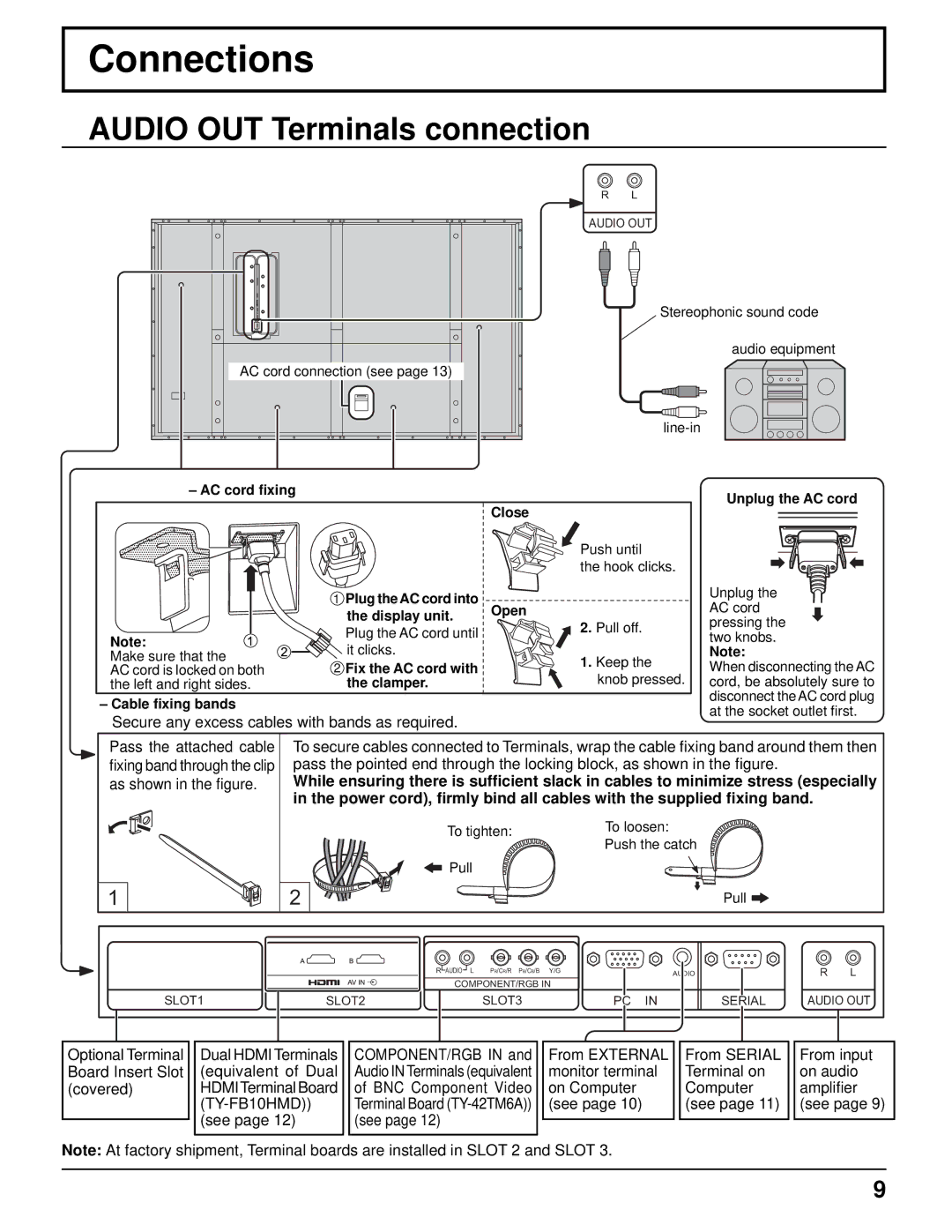 Panasonic TH-103PF10UK manual Connections, Audio OUT Terminals connection, Close, Open 