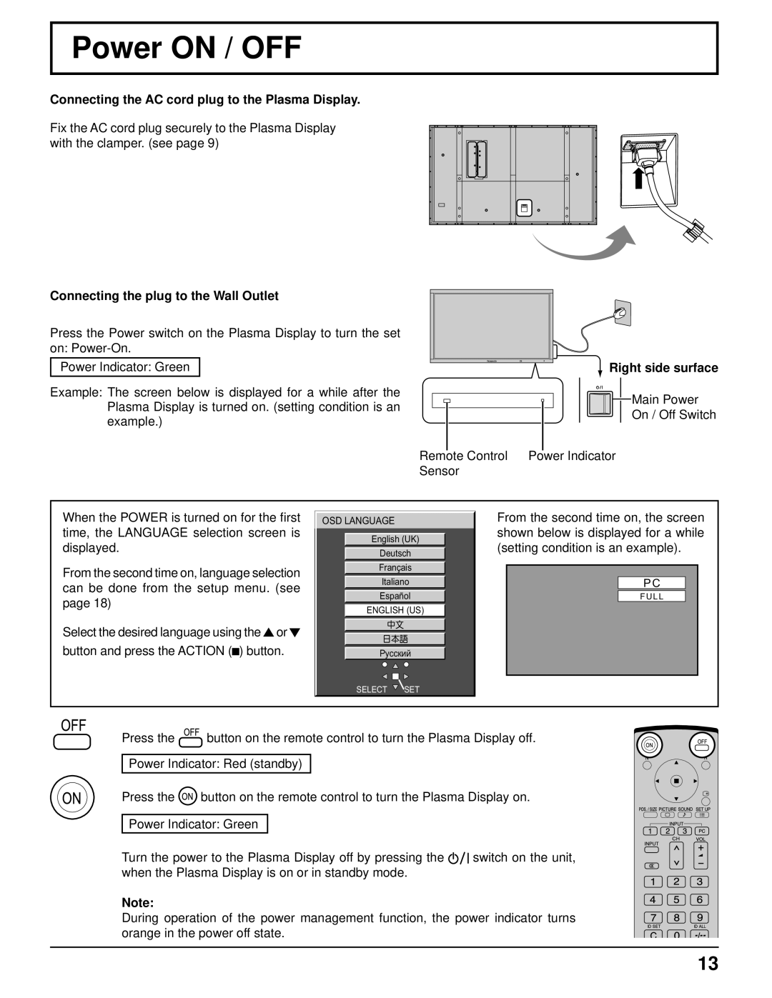 Panasonic TH-103PF9UK manual Power on / OFF, Connecting the AC cord plug to the Plasma Display, Right side surface 