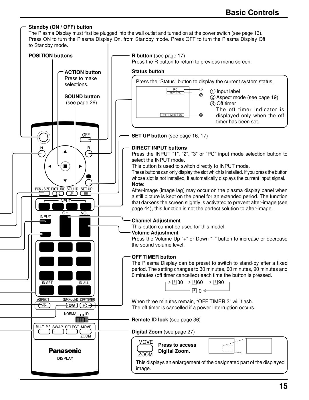 Panasonic TH-103PF9UK manual Basic Controls 