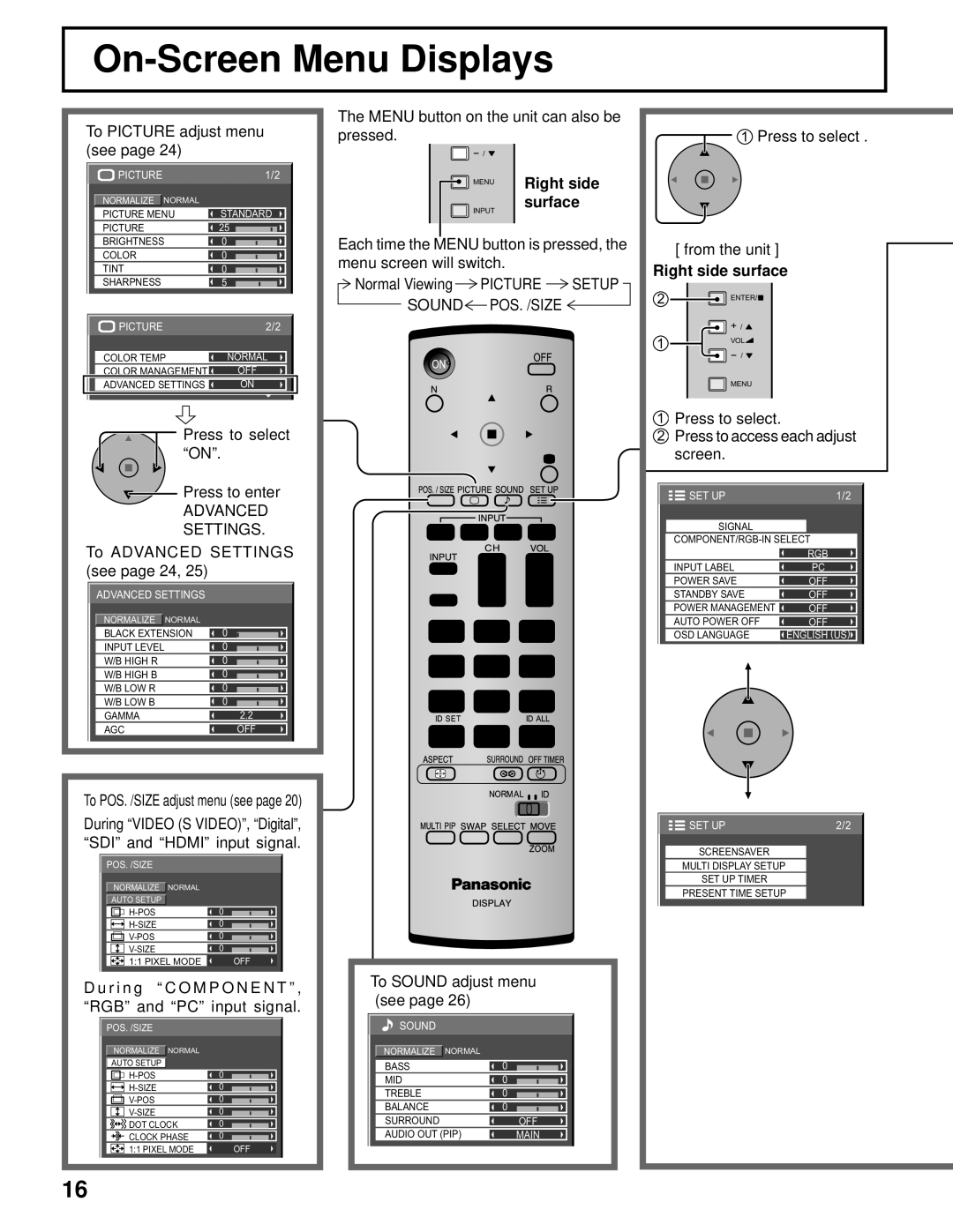 Panasonic TH-103PF9UK manual On-Screen Menu Displays, Advanced Settings, Right side, Sound POS. /SIZE 