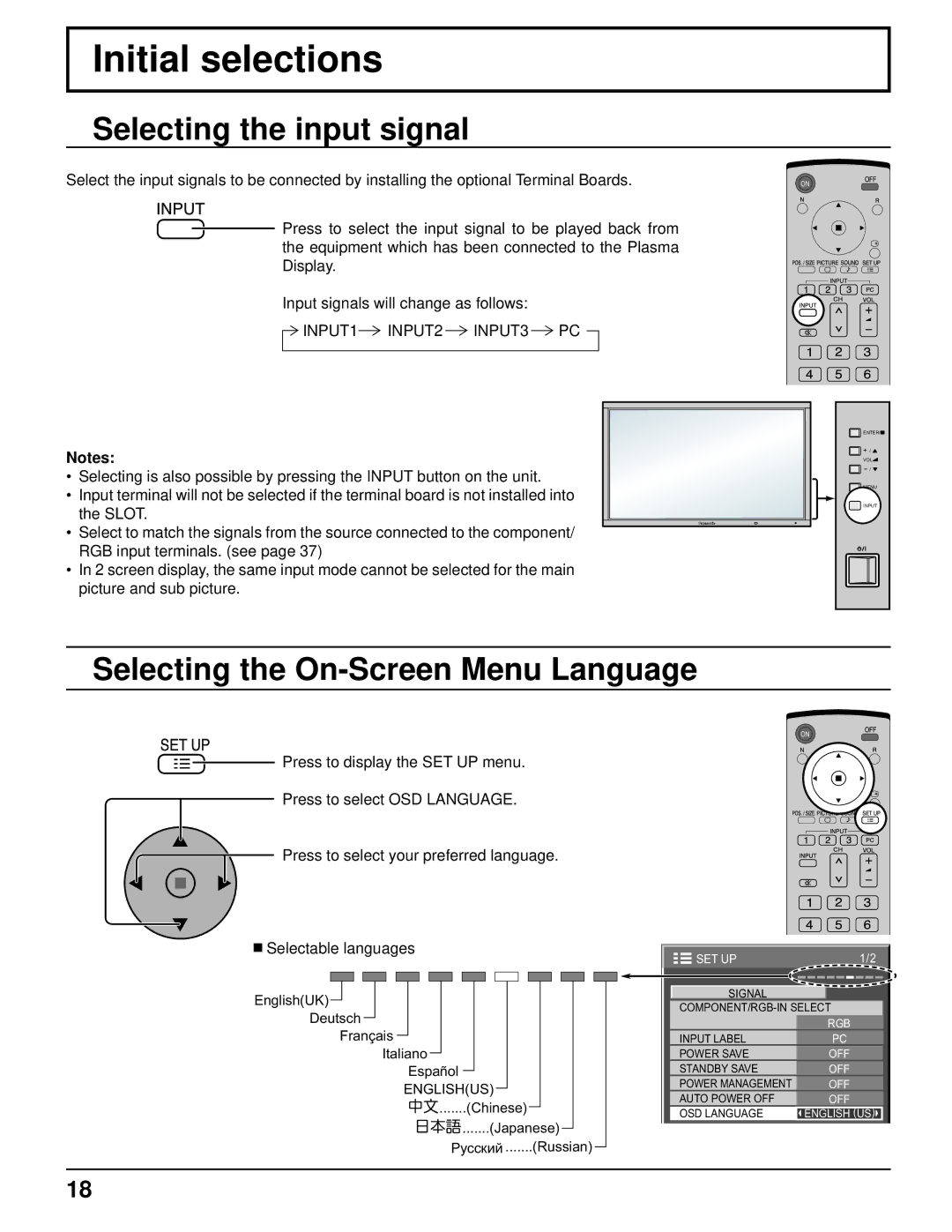 Panasonic TH-103PF9UK manual Initial selections, Selecting the input signal, Selecting the On-Screen Menu Language 