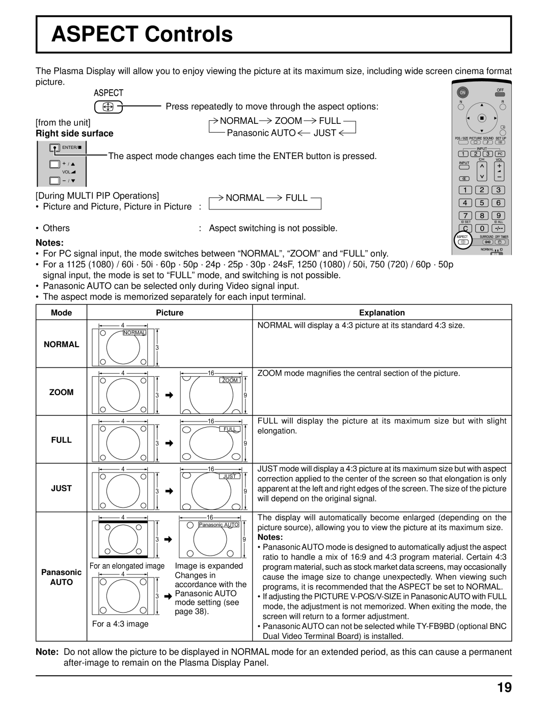 Panasonic TH-103PF9UK manual Aspect Controls, Normal Zoom Full, Normal Full, Mode Picture Explanation, Panasonic 