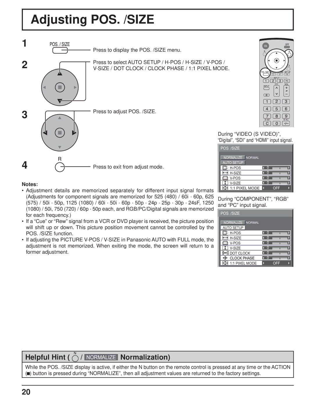 Panasonic TH-103PF9UK Adjusting POS. /SIZE, Size / DOT Clock / Clock Phase / 11 Pixel Mode, Press to adjust POS. /SIZE 