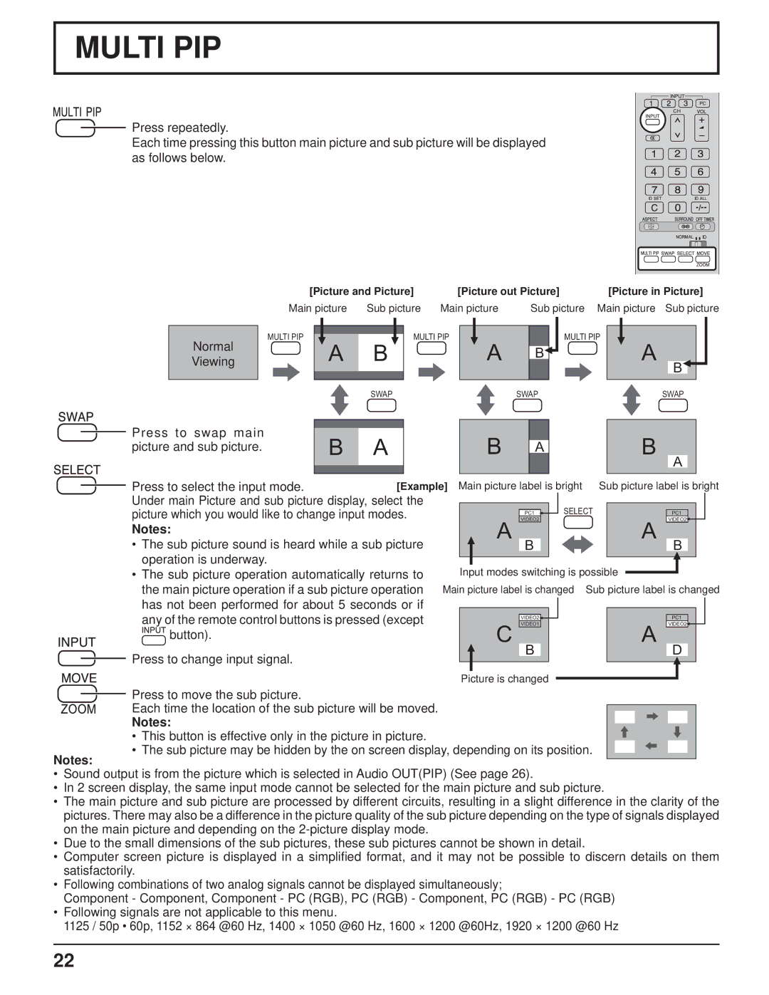 Panasonic TH-103PF9UK manual Under main Picture and sub picture display, select 