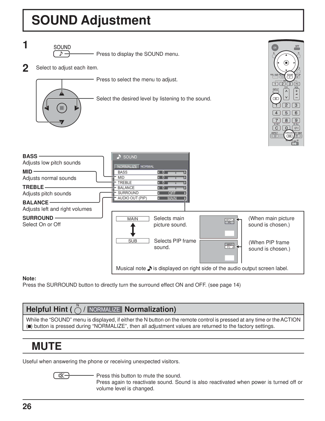 Panasonic TH-103PF9UK manual Sound Adjustment, Mute 