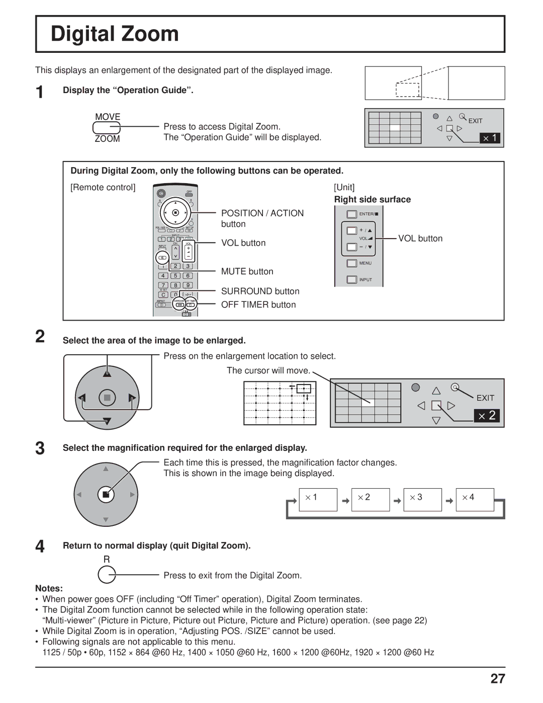 Panasonic TH-103PF9UK Digital Zoom, Display the Operation Guide, Select the magniﬁcation required for the enlarged display 