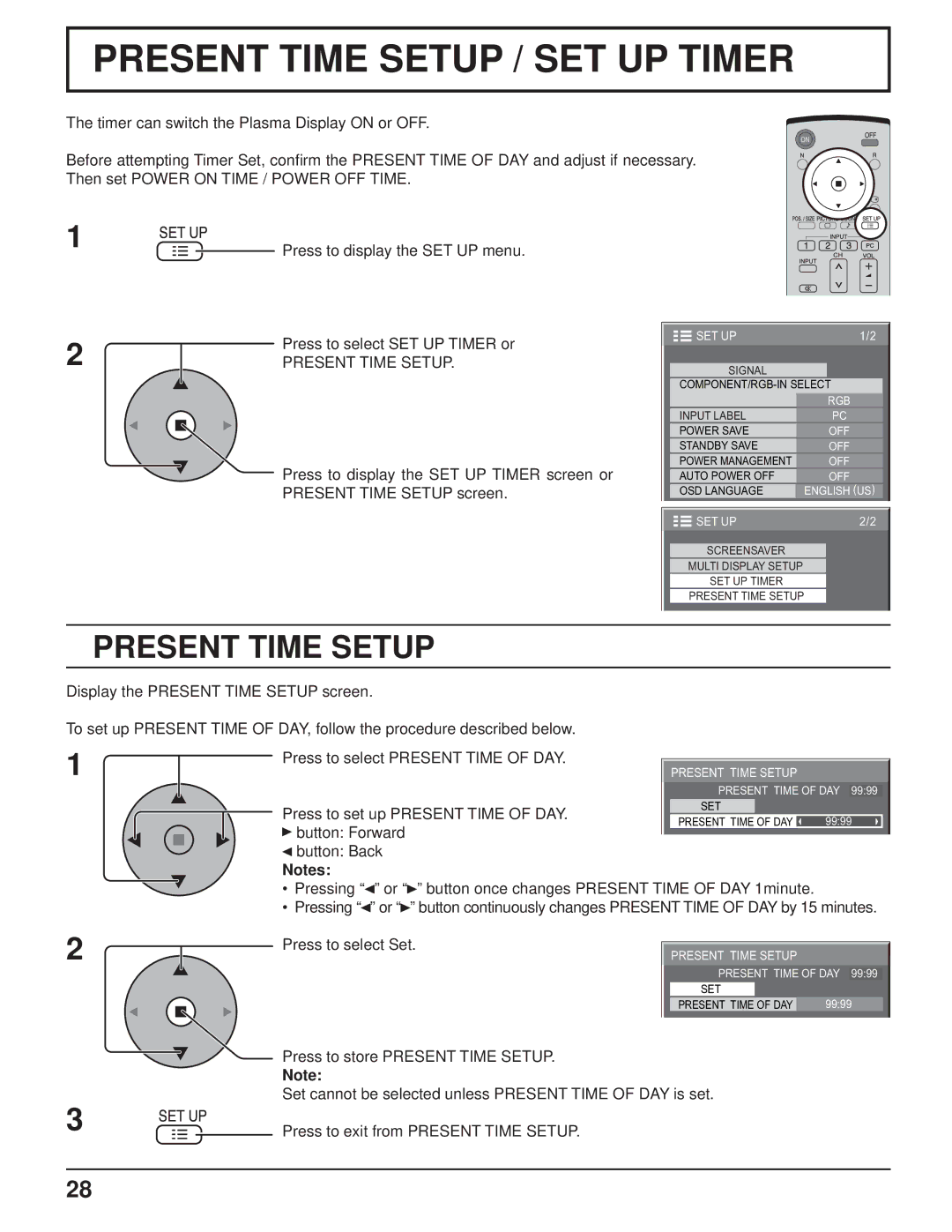 Panasonic TH-103PF9UK manual Present Time Setup, Press to set up Present Time of DAY, Press to select Set 