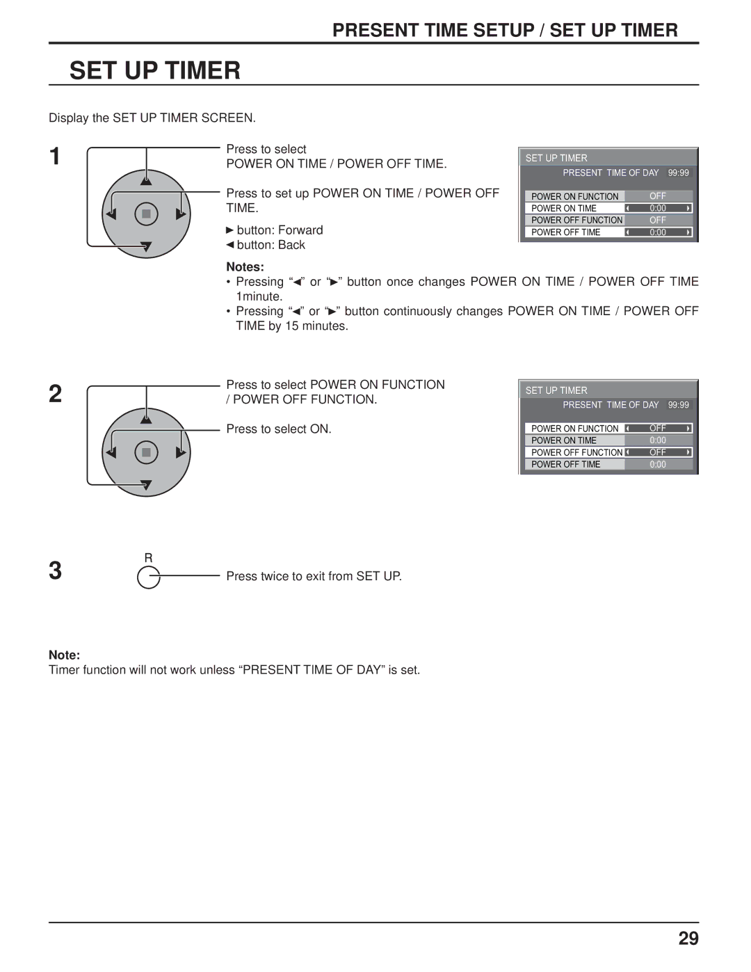 Panasonic TH-103PF9UK manual Display the SET UP Timer Screen Press to select, Power on Time / Power OFF Time 