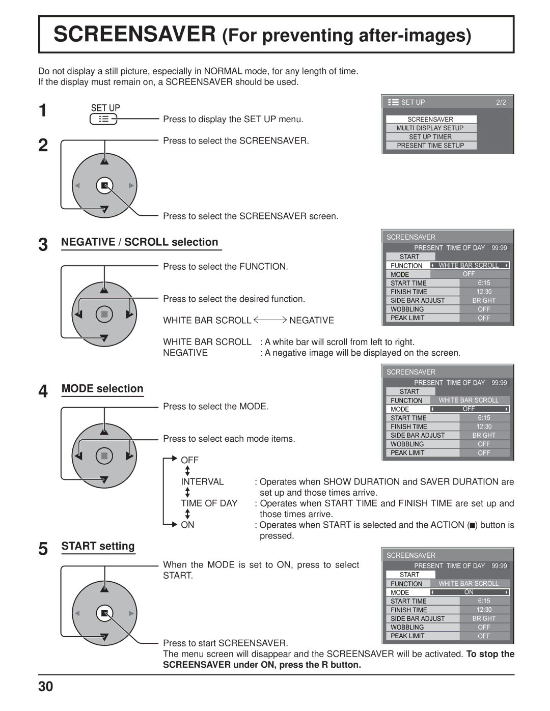 Panasonic TH-103PF9UK Screensaver For preventing after-images, Negative / Scroll selection, Mode selection, Start setting 