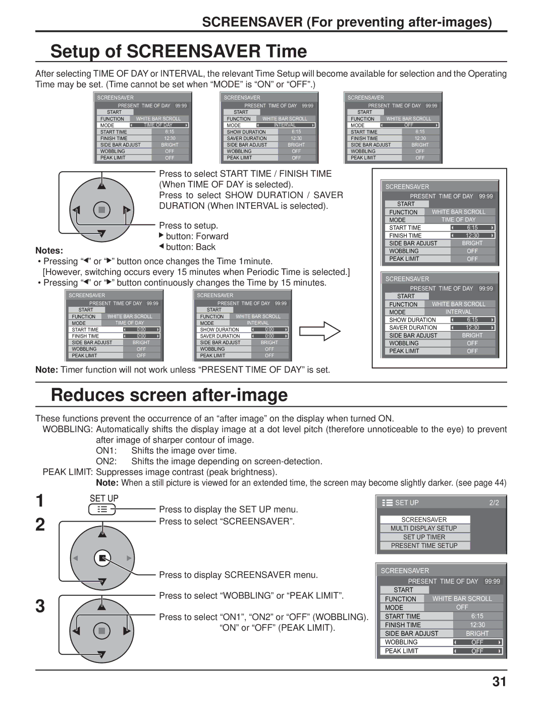 Panasonic TH-103PF9UK manual Setup of Screensaver Time, Reduces screen after-image, Screensaver For preventing after-images 