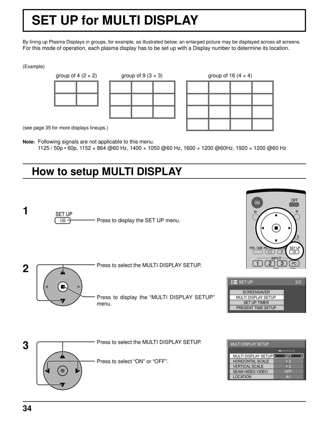 Panasonic TH-103PF9UK SET UP for Multi Display, How to setup Multi Display, Group of 4 2 × Group of 9 3 × Group of 16 4 × 